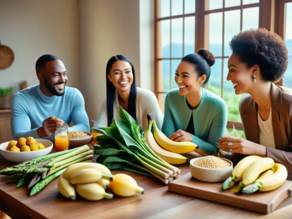 Grupo diverso sonriente disfrutando prebióticos sin gluten, nutriendo vitalidad en mesa soleada