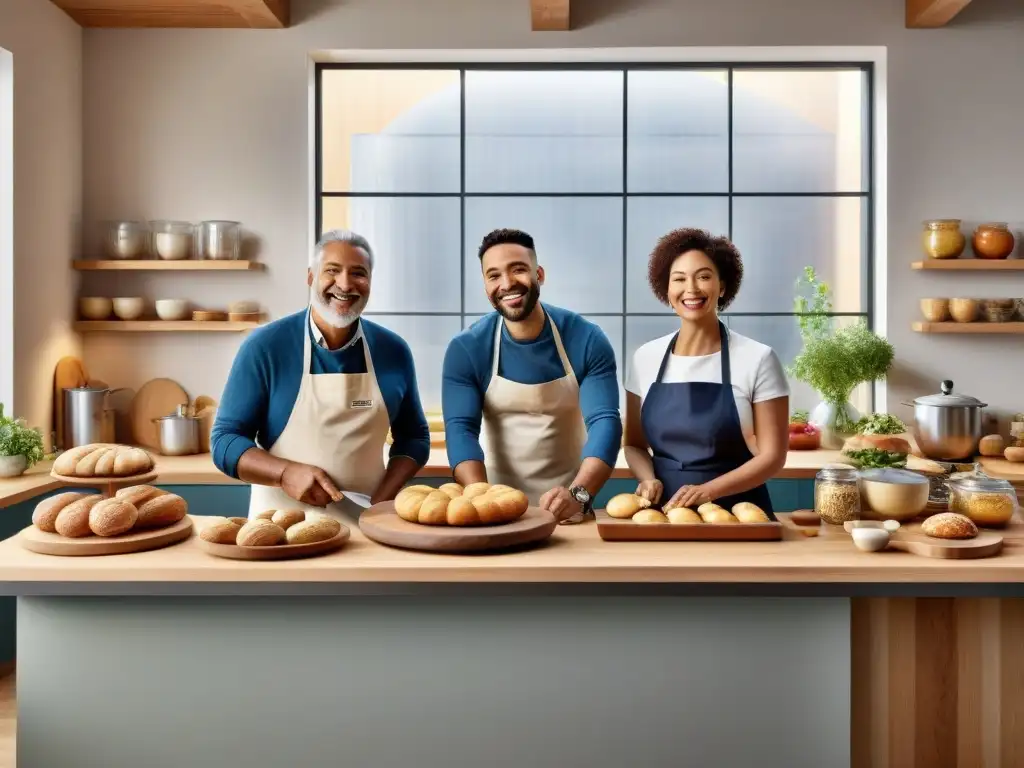 Un grupo diverso y sonriente preparando recetas de masa sin gluten saludables en una cocina acogedora y llena de luz natural