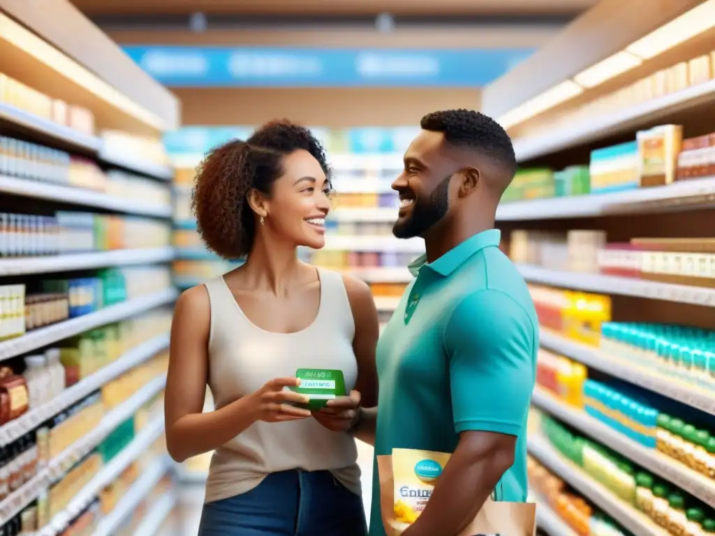 Un grupo diverso elige suplementos para celíacos sin gluten en una tienda saludable, mostrando comunidad y salud