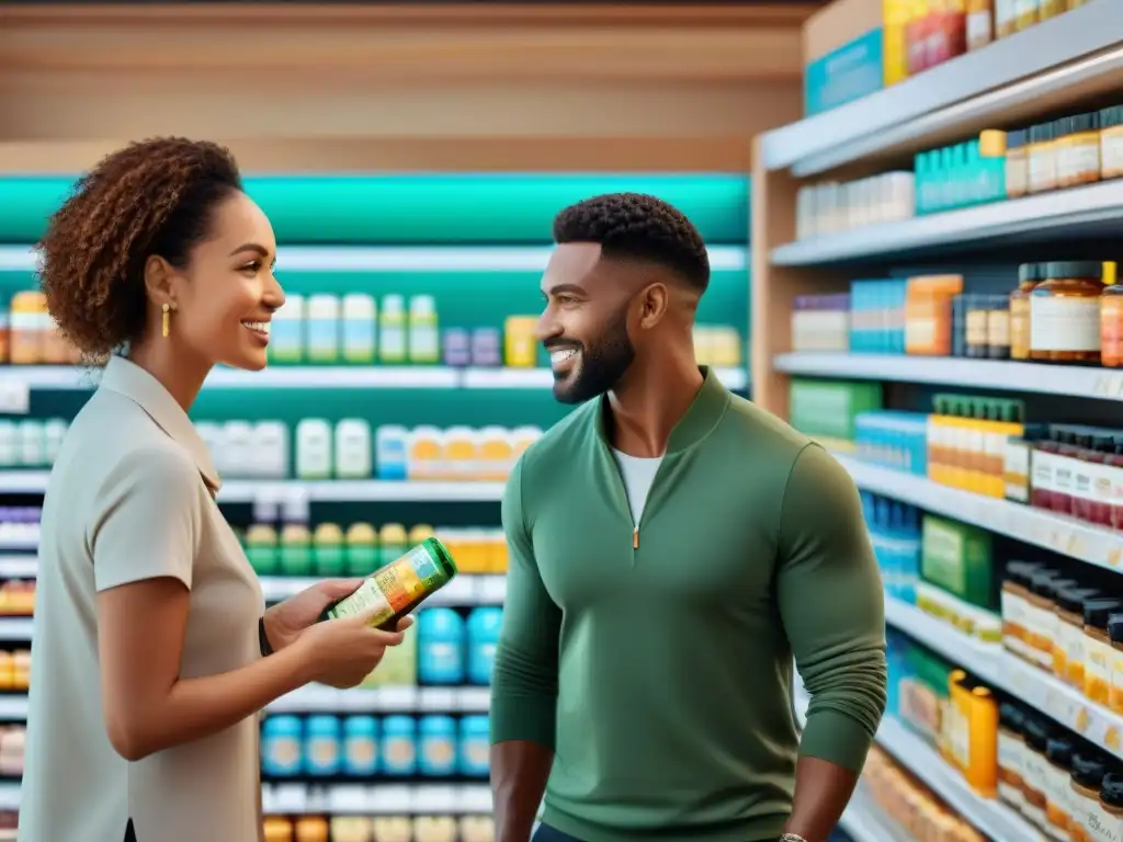 Un grupo diverso disfruta de suplementos para dieta sin gluten en una tienda saludable