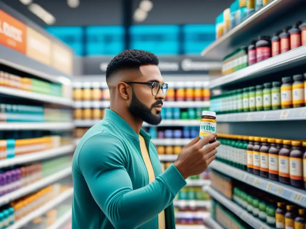 Un grupo diverso examina suplementos sin gluten seguros en una tienda moderna y luminosa