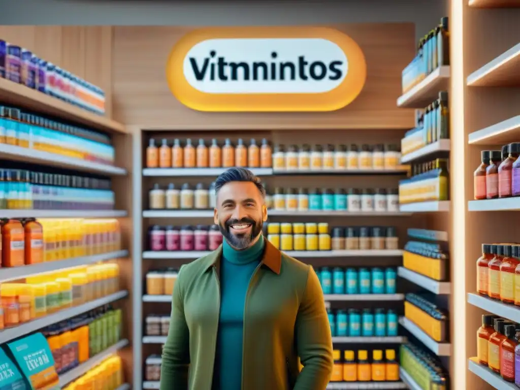 Un grupo diverso sonriendo en tienda moderna de suplementos vitamínicos sin gluten