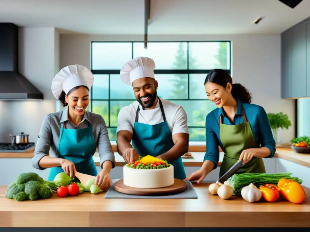 Un grupo diverso y unido cocina sin gluten con pasión en una cocina moderna y luminosa