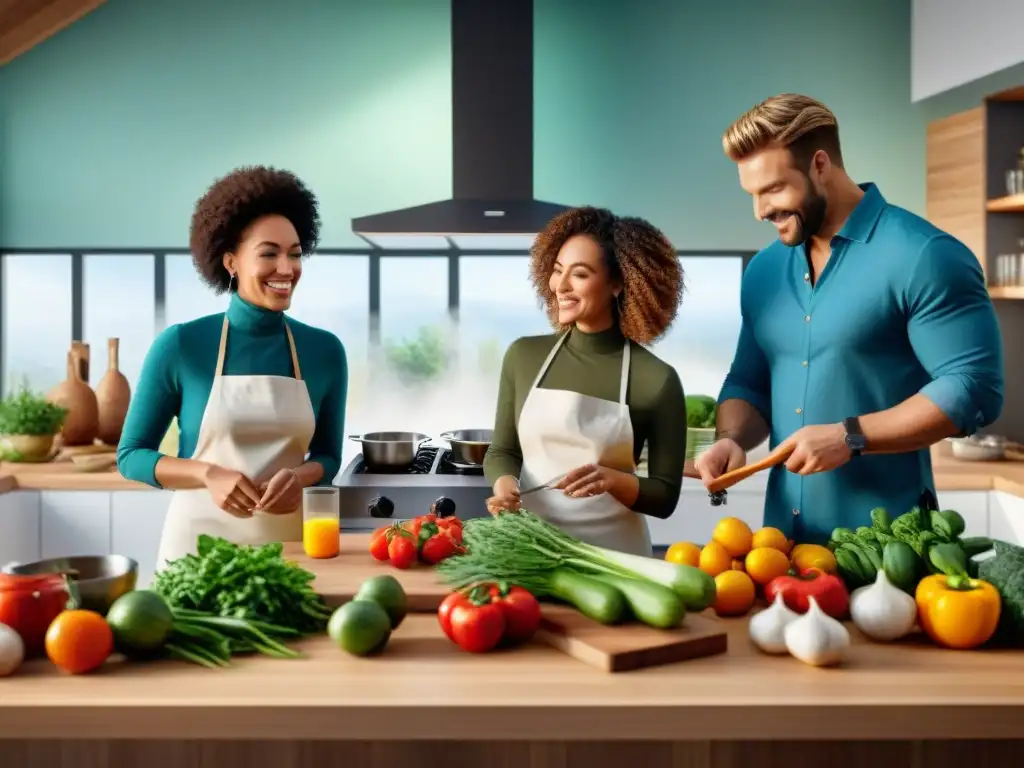 Un grupo diverso y unido preparando recetas innovadoras en una cocina sin gluten