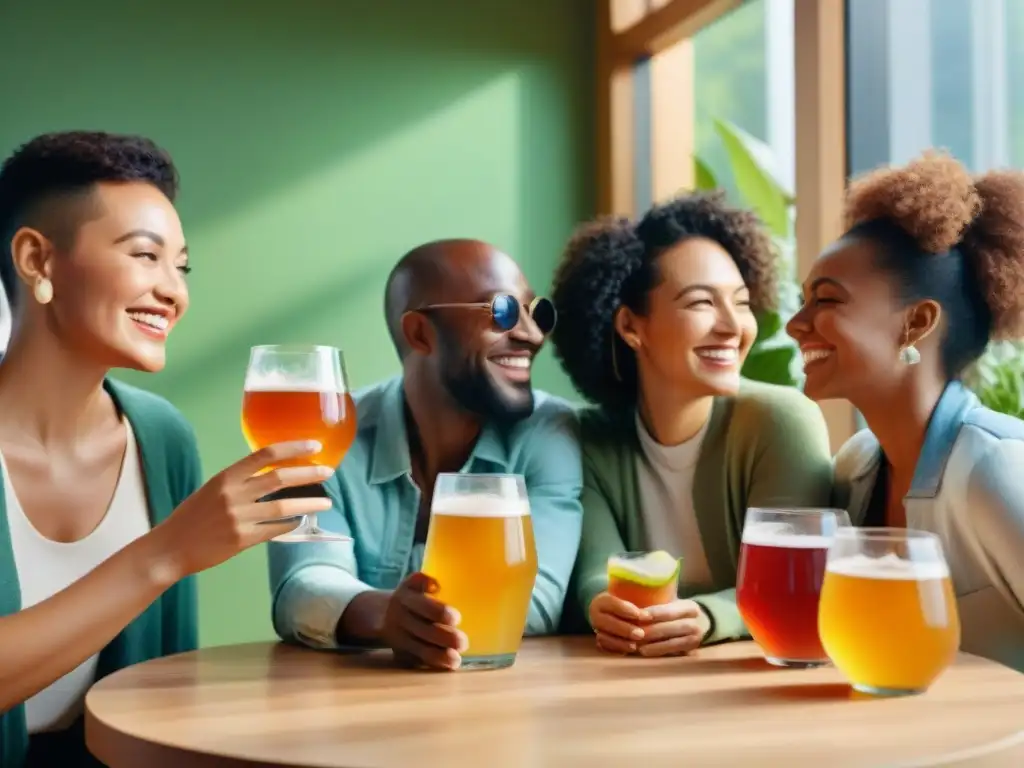 Un grupo diverso disfruta sonriendo vasos de kombucha, resaltando sus beneficios sin gluten