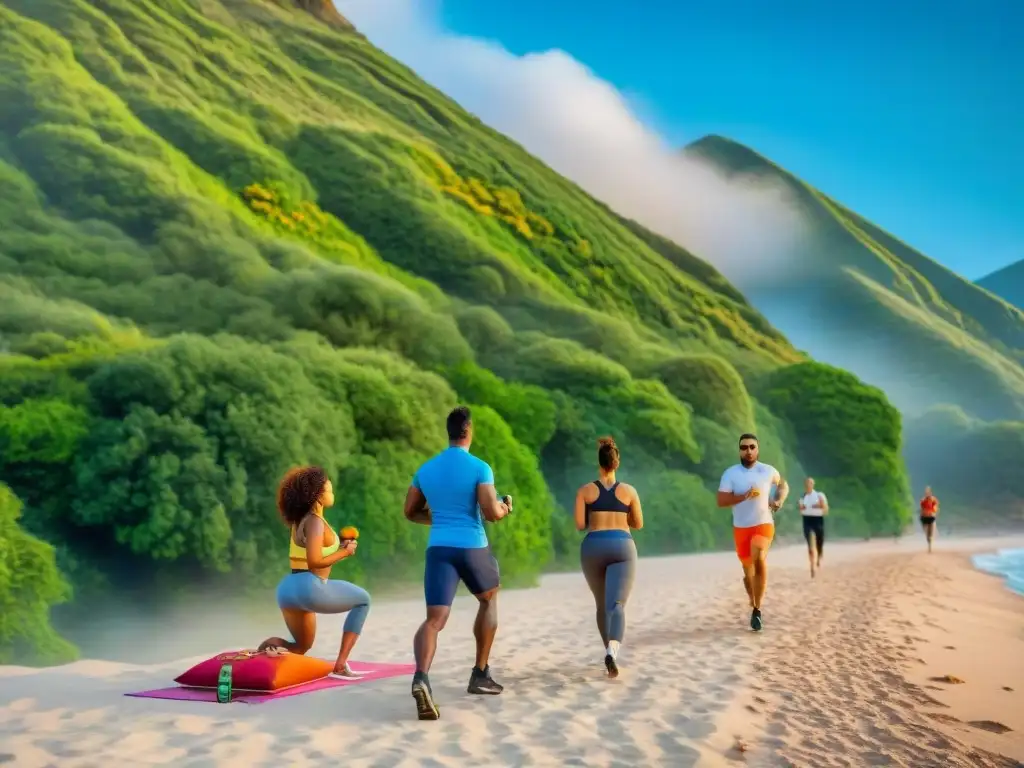 Un grupo diverso de viajeros disfrutando de actividades fitness y alimentos saludables sin gluten en un entorno natural