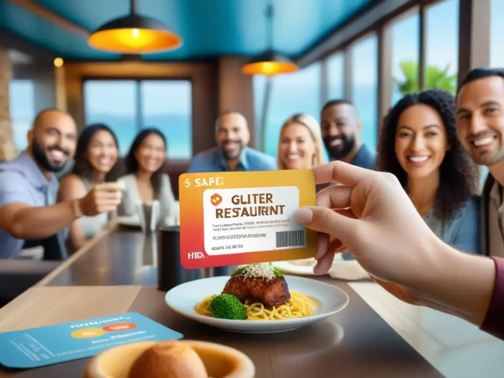 Un grupo diverso de viajeros celíacos felices en un restaurante sin gluten, sosteniendo tarjetas de 'Gluten Free Restaurant Card'