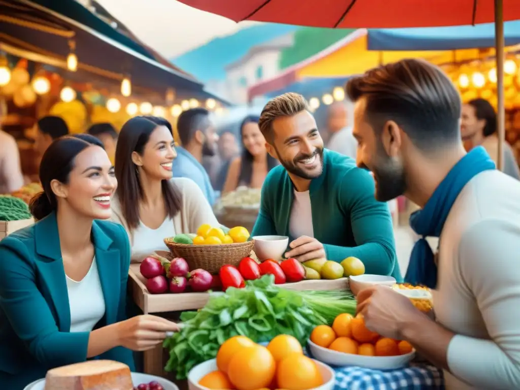 Un grupo diverso de viajeros disfruta de una comida sin gluten alrededor de una mesa en un bullicioso mercado al aire libre en Italia