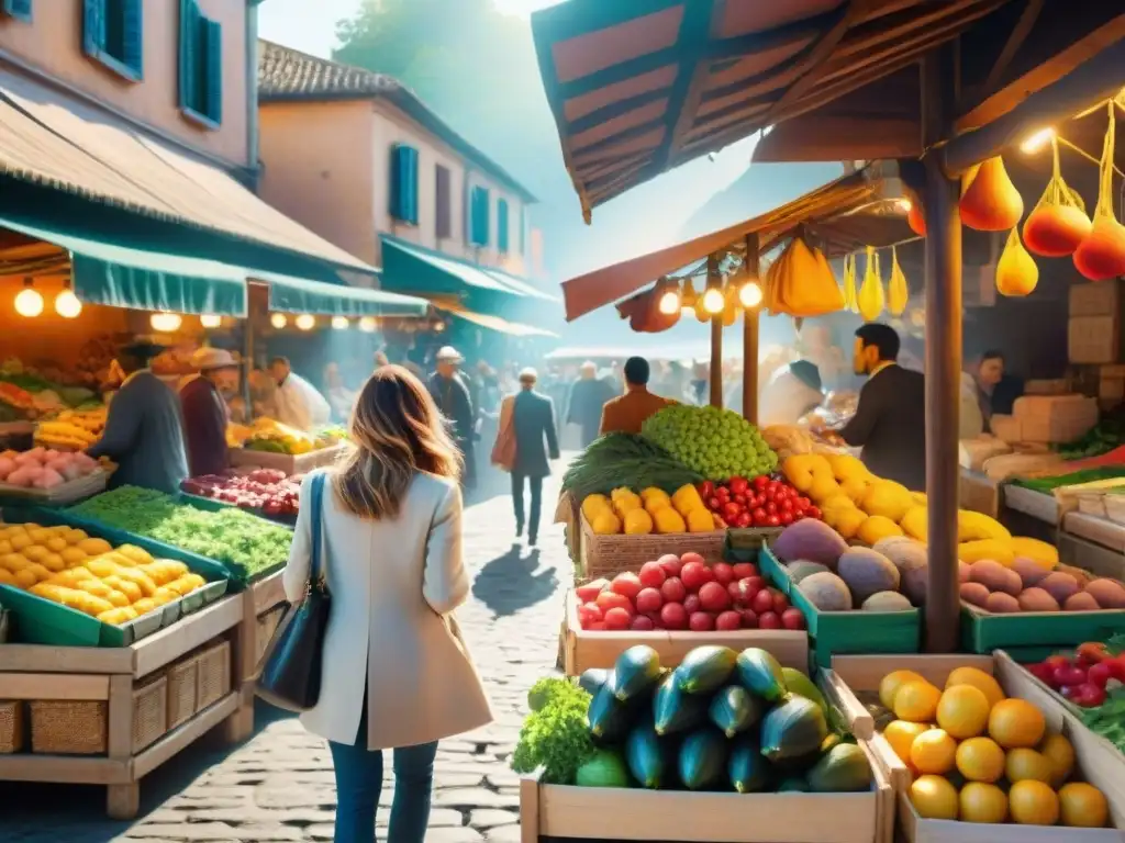 Grupo diverso de viajeros felices explorando mercado al aire libre lleno de frutas, verduras y productos artesanales sin gluten