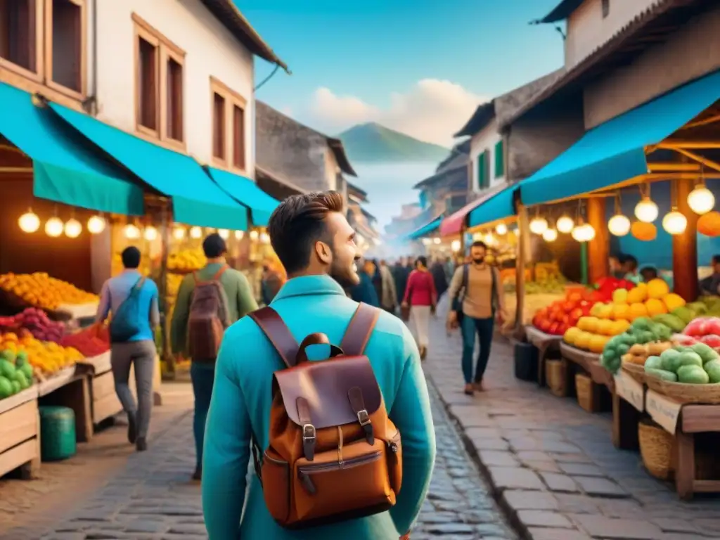 Grupo diverso de viajeros en mercado callejero