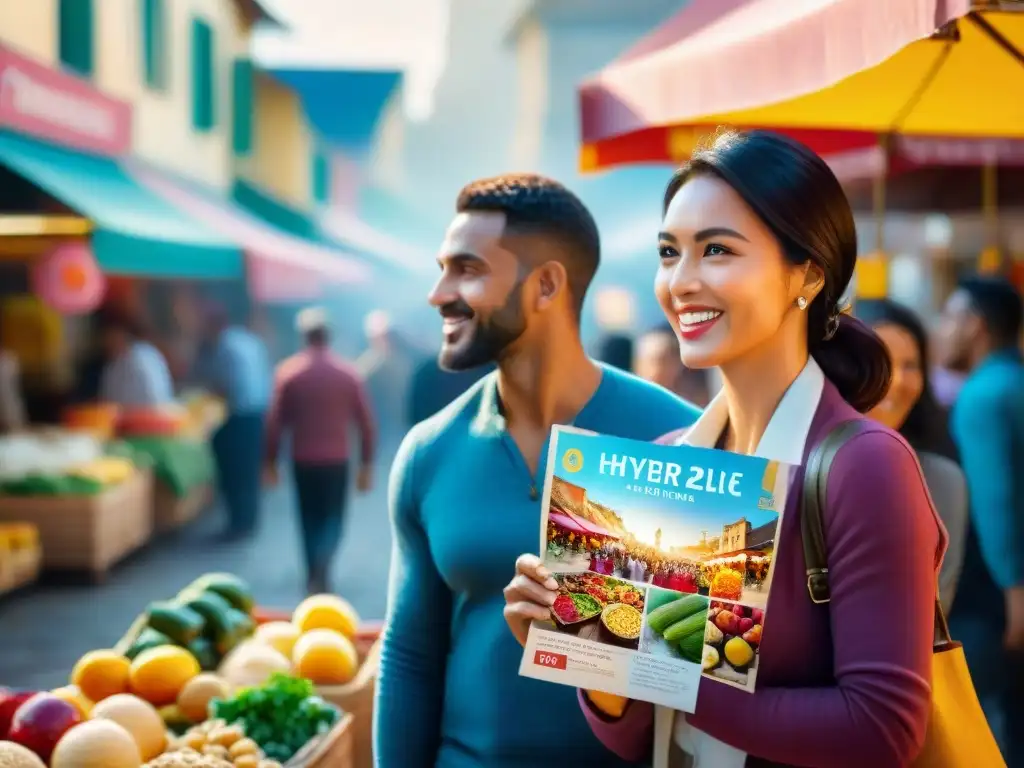 Grupo diverso de viajeros explorando mercado con opciones sin gluten, recibiendo consejos de vendedor local amigable