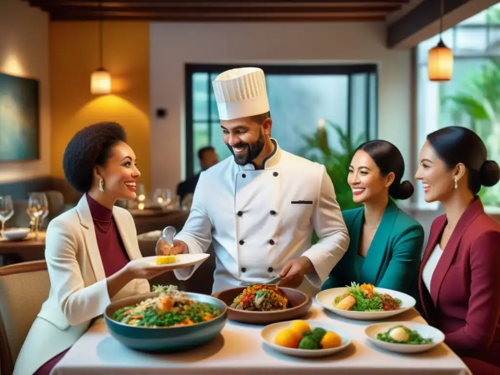 Un grupo diverso de viajeros con necesidades dietéticas sin gluten negociando con chefs en un restaurante acogedor