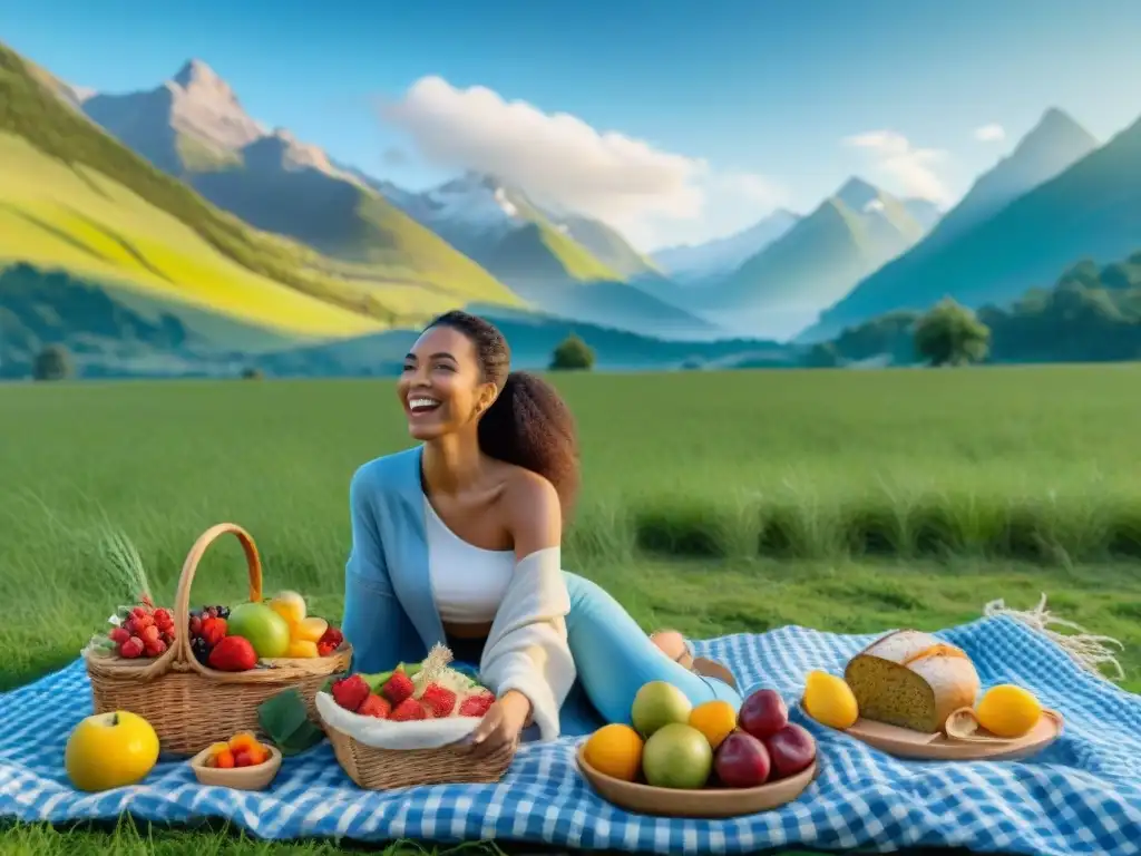 Un grupo diverso de viajeros disfruta de un picnic en un prado verde con montañas nevadas al fondo