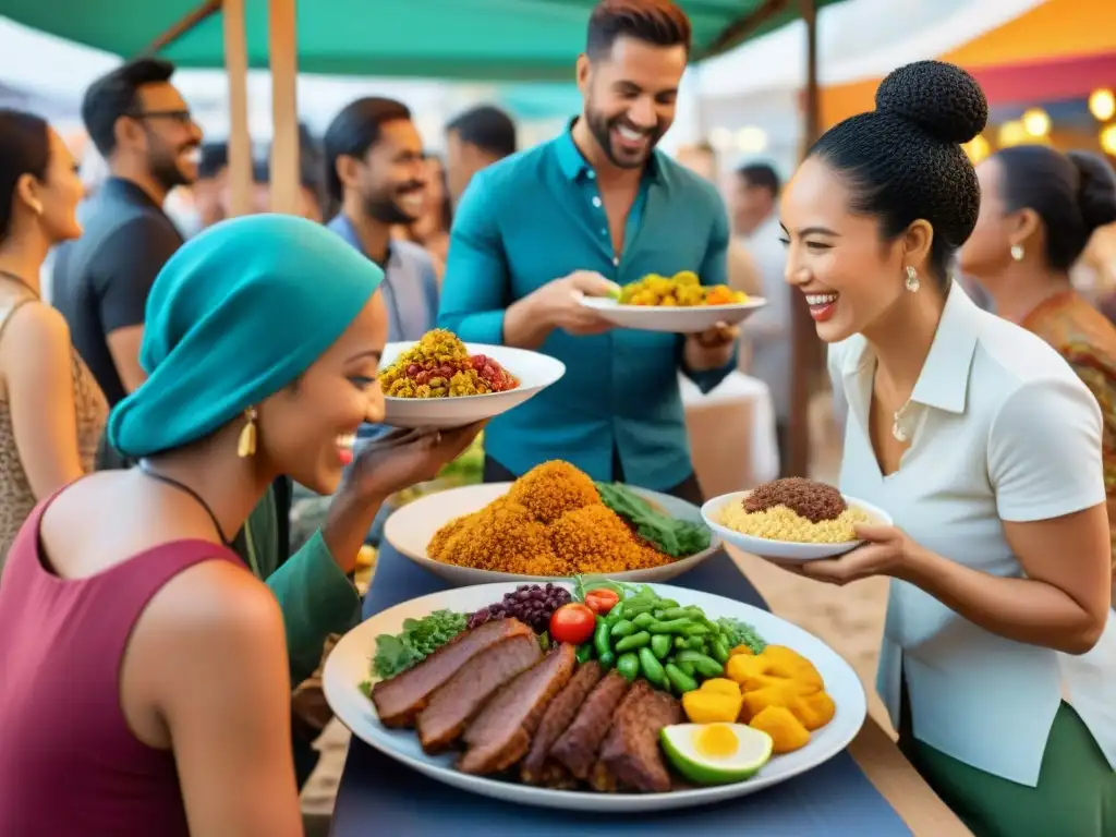 Un grupo diverso de viajeros disfruta de recetas sin gluten innovadoras en un bullicioso mercado de comida al aire libre