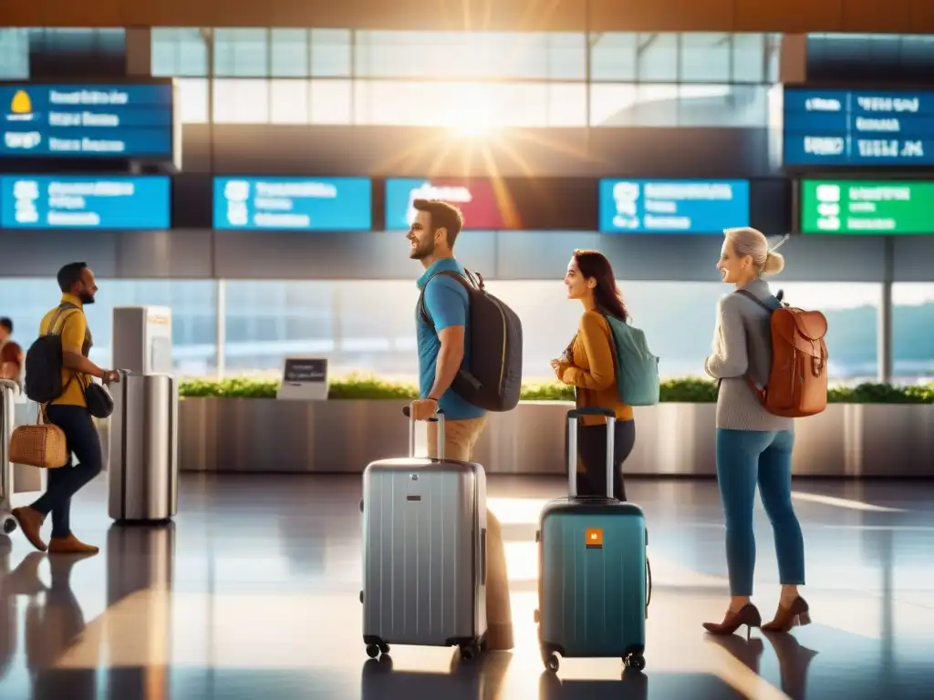 Un grupo diverso de viajeros empacando snacks sin gluten en un bullicioso aeropuerto