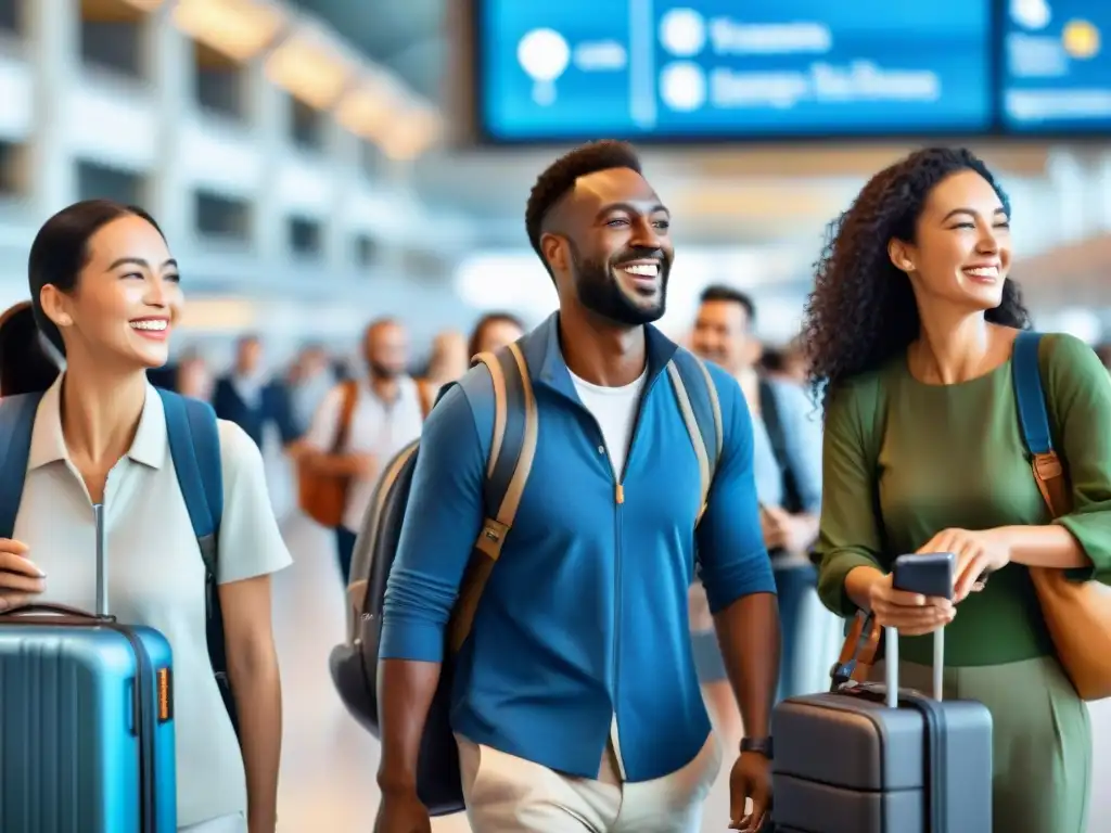 Un grupo diverso de viajeros sonrientes en el aeropuerto usando aplicaciones para celíacos viajeros