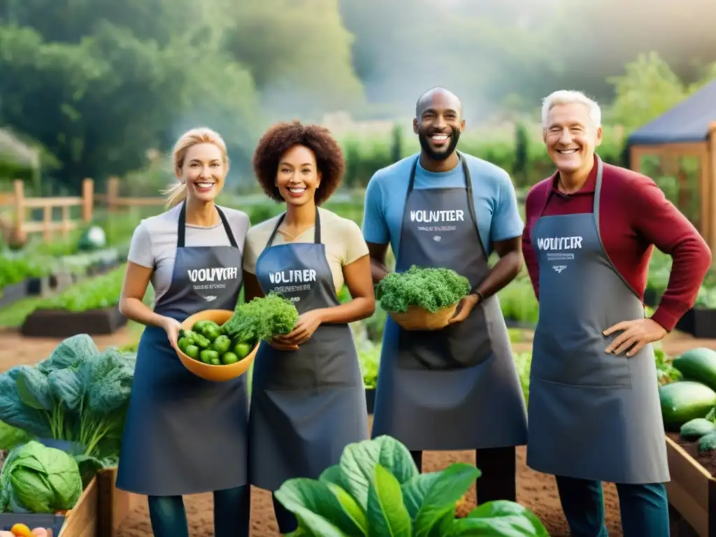 Un grupo diverso de voluntarios sonríe, trabajando en un huerto comunitario lleno de frutas y verduras sin gluten