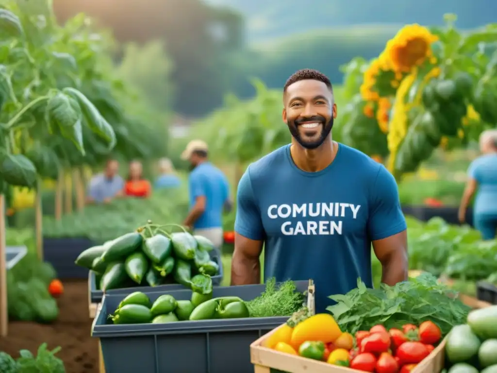 Un grupo diverso de voluntarios cosechando productos sin gluten en un jardín comunitario, promoviendo la unión y los Proyectos comunitarios sin gluten