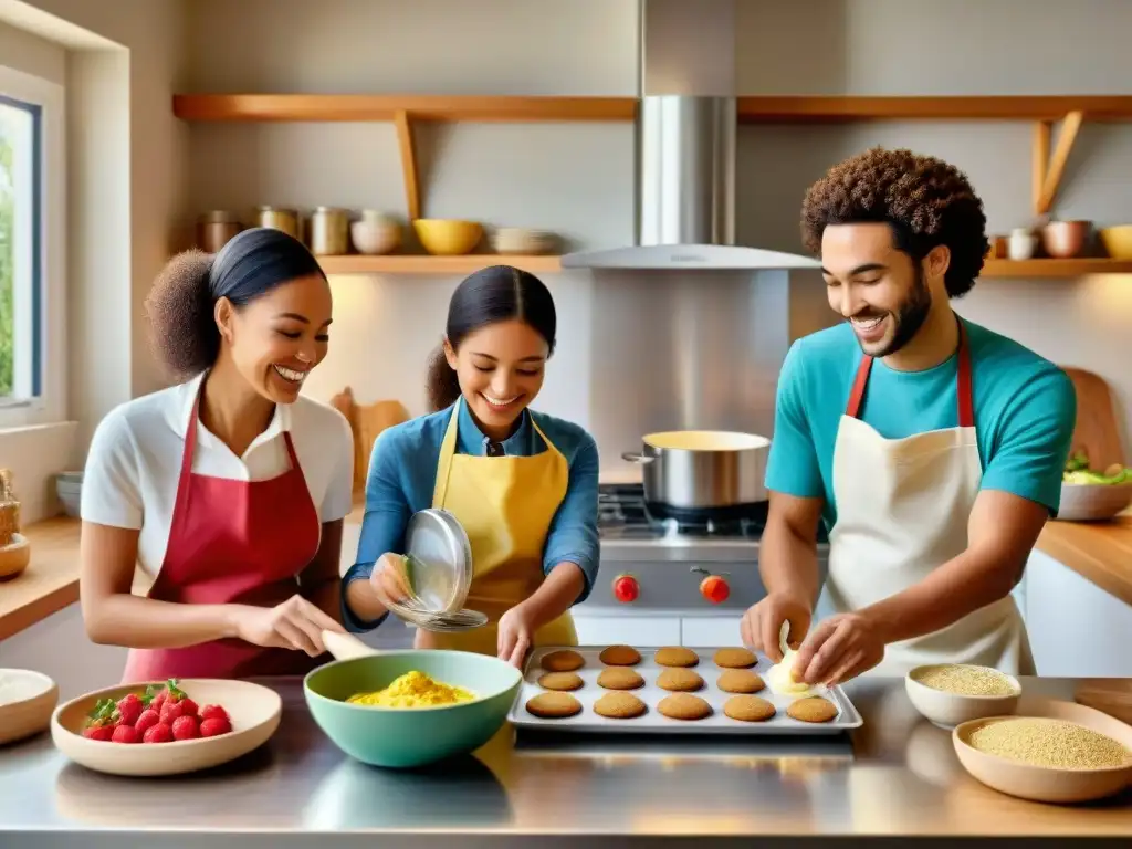 Un grupo feliz de niños de diversas culturas cocinando juntos recetas sin gluten en una cocina acogedora