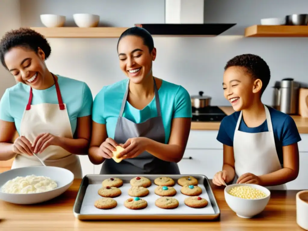 Un grupo feliz de niños de diversas habilidades y orígenes decoran galletas sin gluten con alegría en una cocina luminosa