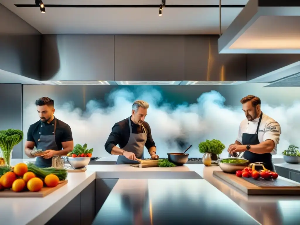 Un grupo de innovadores chefs preparando platos sin gluten en una cocina moderna y vibrante