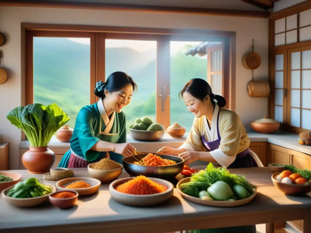 Un grupo de mujeres mayores preparando kimchi en una cocina tradicional coreana, rodeadas de vegetales y especias