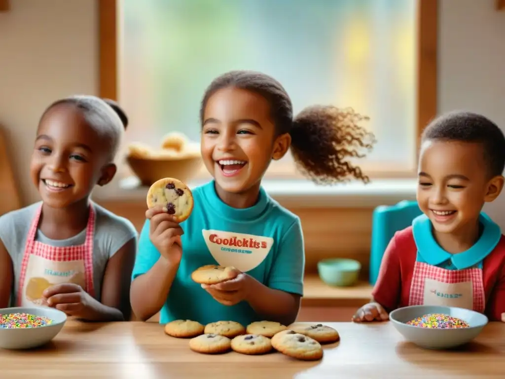 Un grupo de niños diversos y alegres disfrutan de una divertida actividad de repostería con galletas sin gluten, rodeados de color y alegría