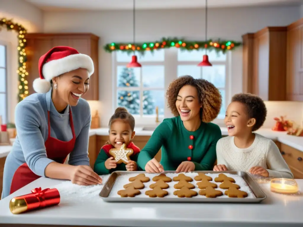 Un grupo de niños de distintas edades y orígenes decoran galletas navideñas sin gluten con entusiasmo en una cocina festivamente decorada