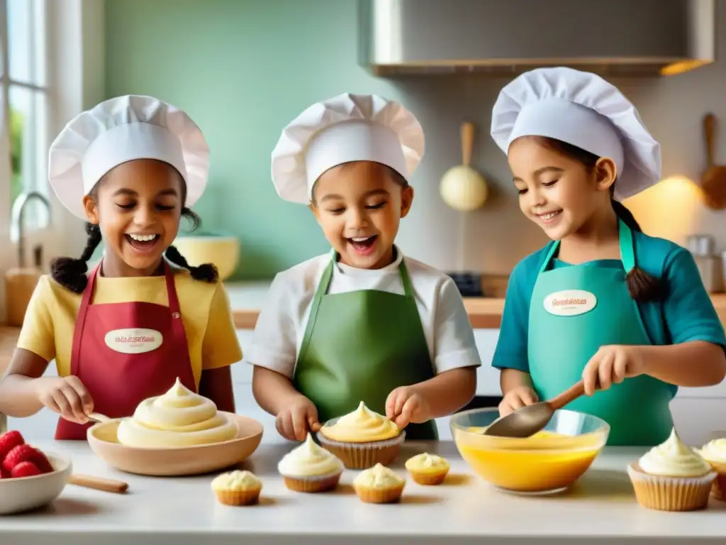 Un grupo de niños felices participando en actividades divertidas de cocina sin gluten en una cocina luminosa y espaciosa