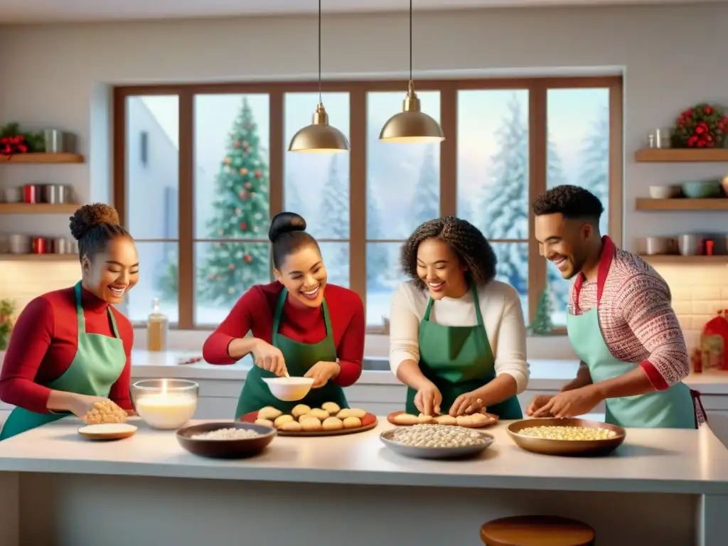 Un grupo de niños felices decorando galletas navideñas sin gluten juntos en una cocina acogedora