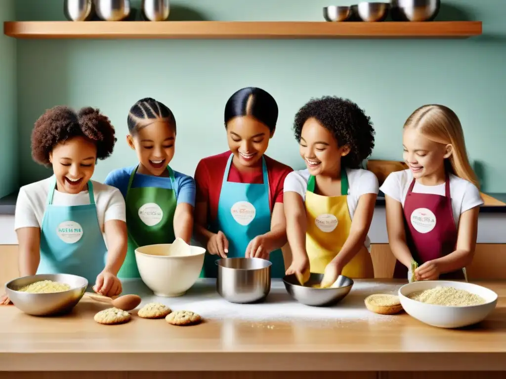 Un grupo de niños disfruta haciendo galletas sin gluten en una cocina soleada, irradiando alegría y creatividad