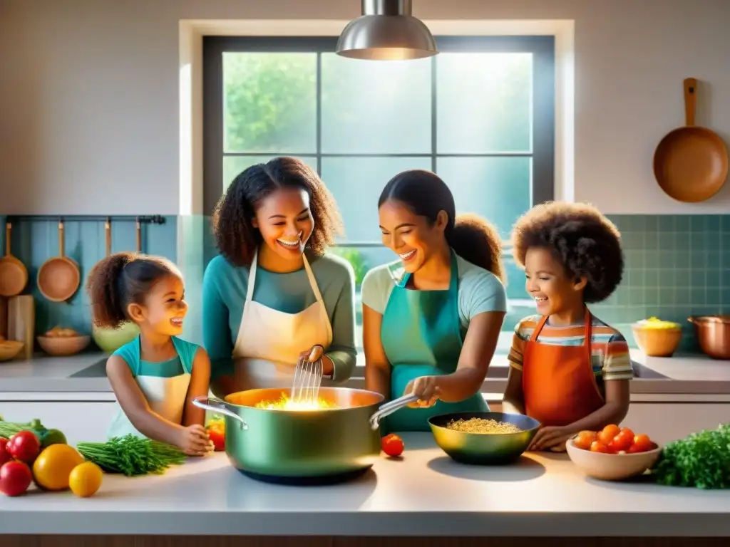 Un grupo de niños preparando recetas internacionales sin gluten en una cocina vibrante y espaciosa, disfrutando juntos de la experiencia culinaria