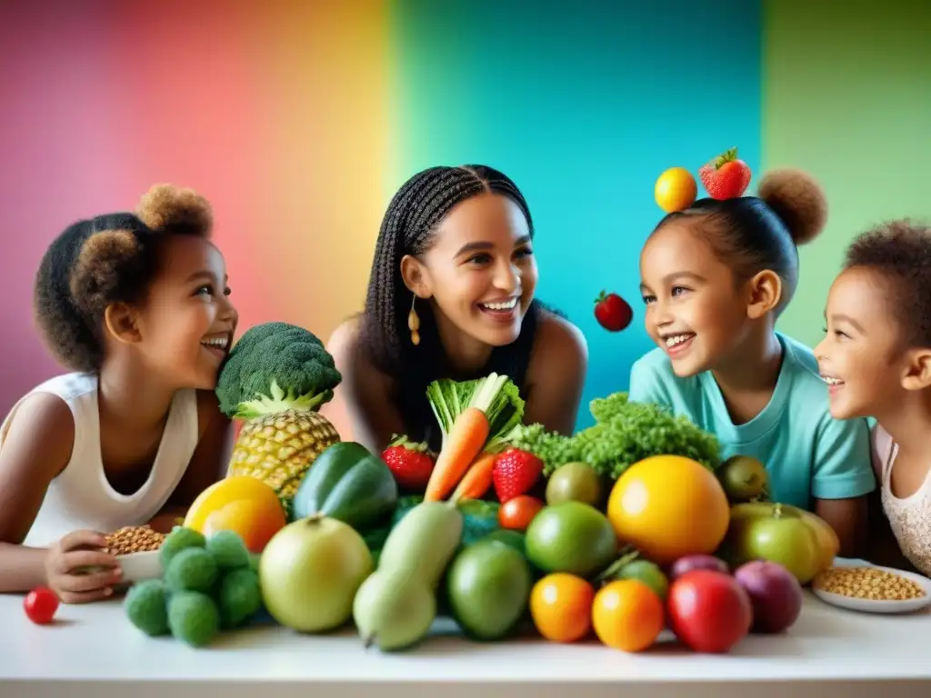 Un grupo de niños sonrientes aprenden sobre una dieta vegana sin gluten para niños con expertos en nutrición