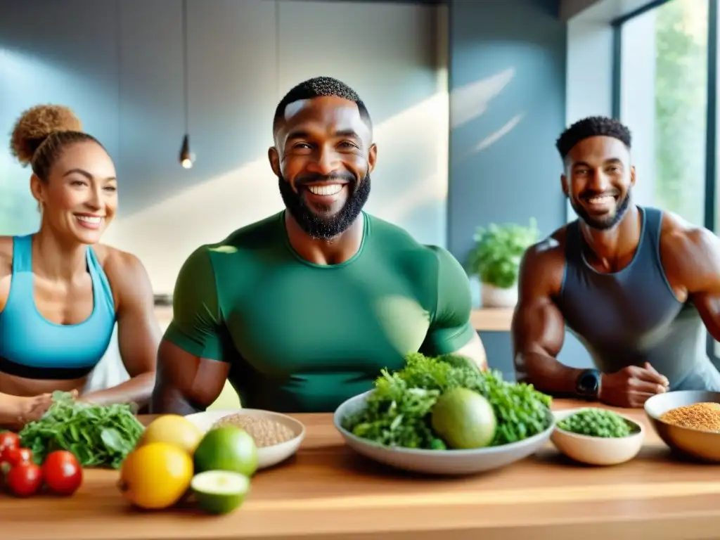 Un grupo variado de atletas sonrientes disfrutan de una comida sin gluten en una cocina moderna y soleada