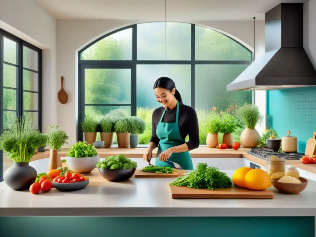 Un grupo variado prepara comidas sin gluten en una cocina luminosa y moderna