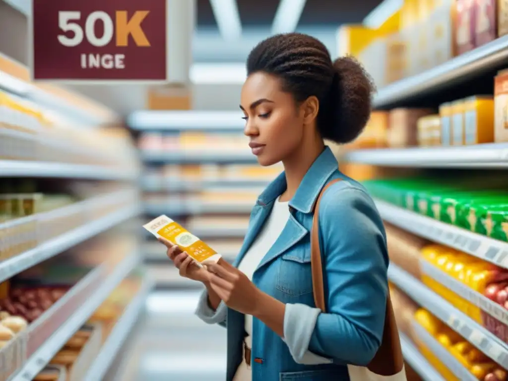 Grupo variado lee etiquetas en supermercado lleno de productos sin gluten, expresando determinación