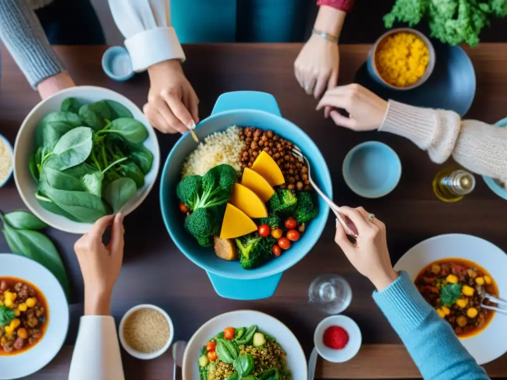 Grupo variado disfruta juntos de comida sin gluten, evitando errores en la dieta