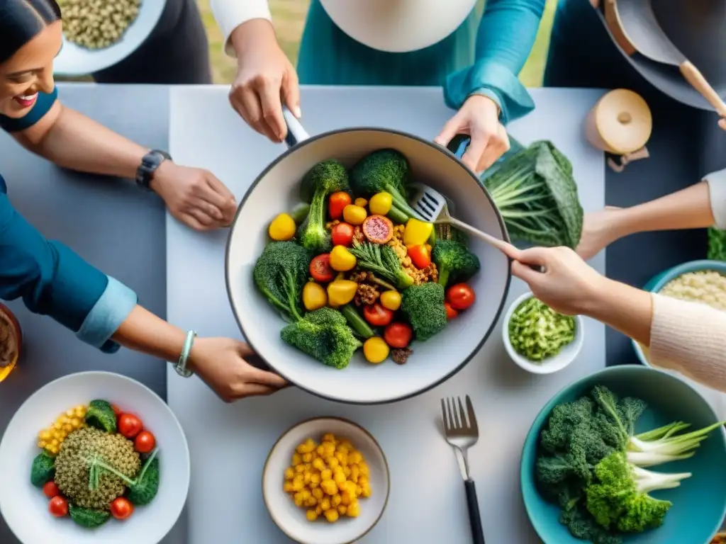 Grupo variado disfrutando juntos de comida paleo sin gluten, evitando errores comunes