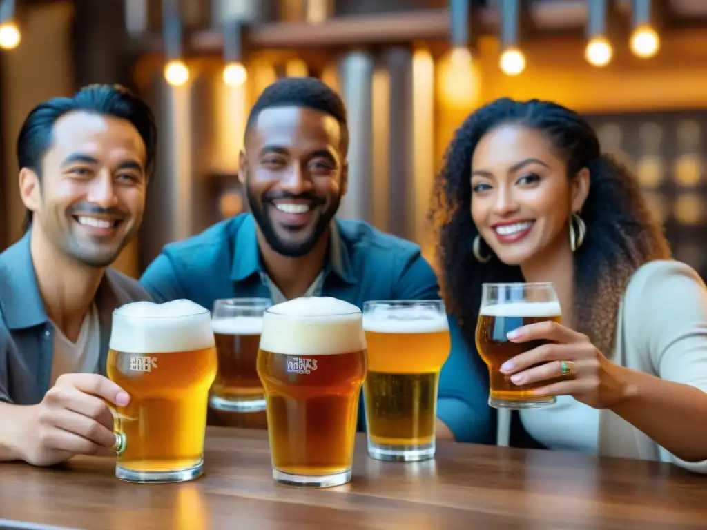 Un grupo variado de personas brindando con cerveza sin gluten en una cervecería acogedora