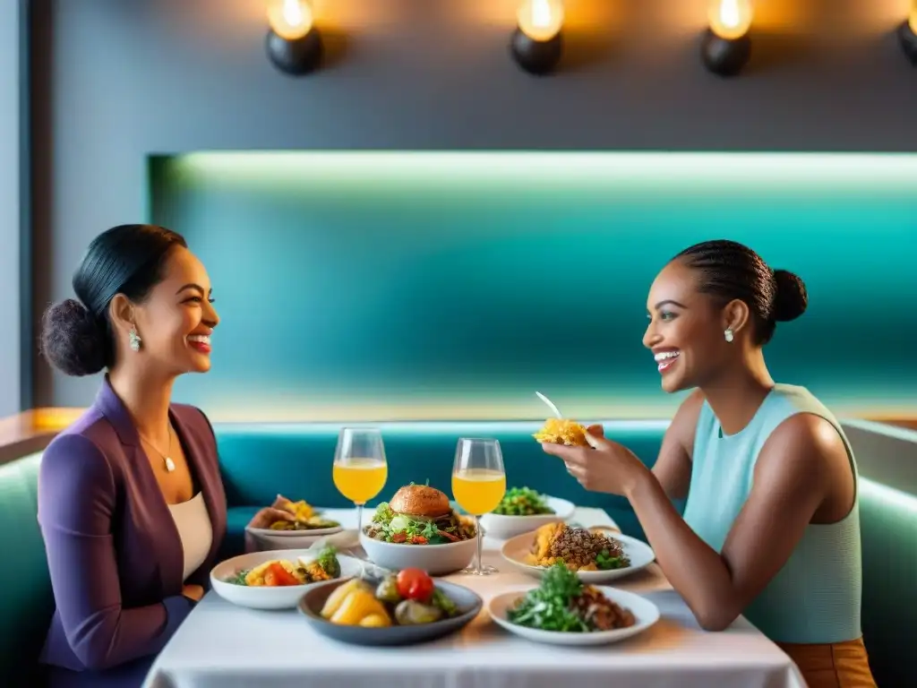 Un grupo variado de personas disfruta de una comida sin gluten en un restaurante moderno y acogedor