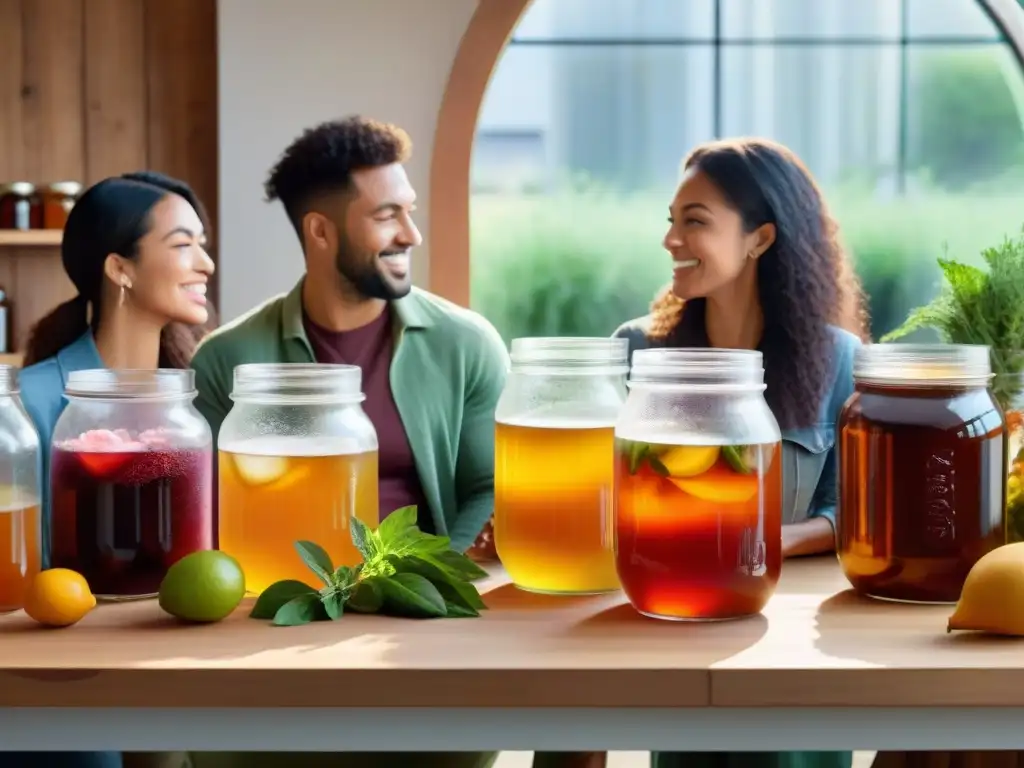 Un grupo variado de personas disfruta de la fermentación de Kombucha sin gluten en un ambiente cálido y acogedor