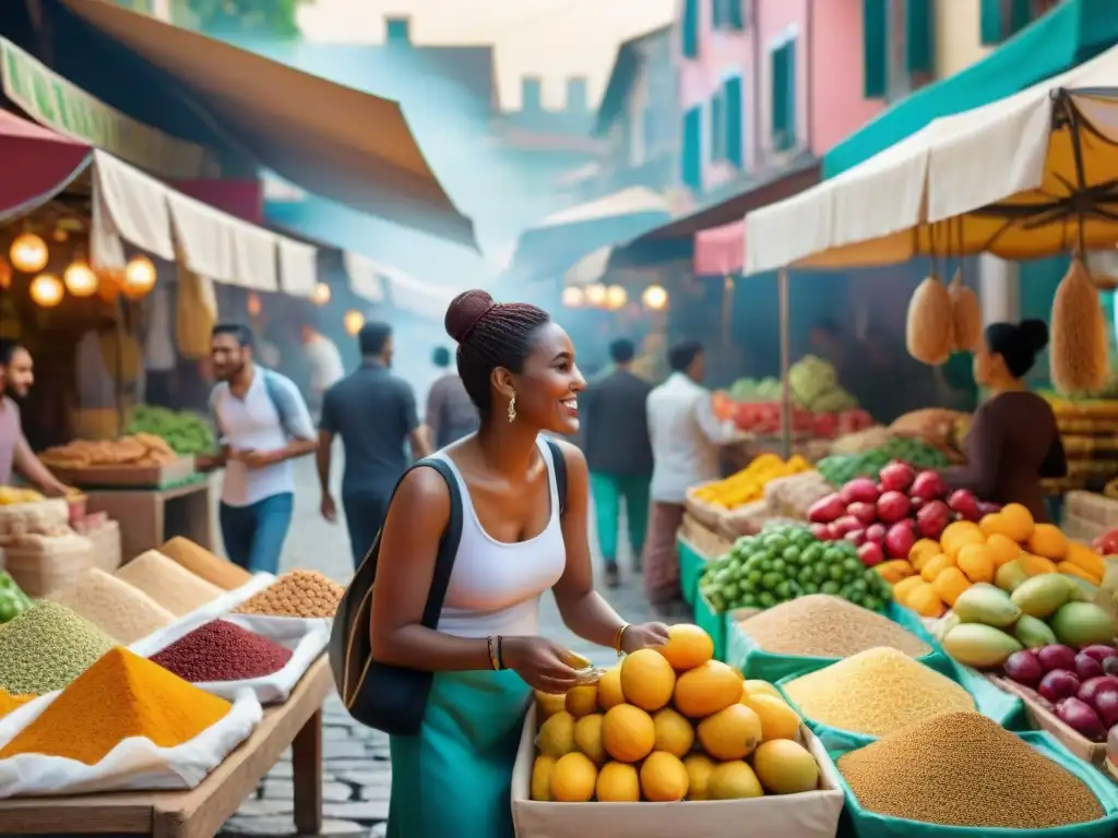 Un grupo de viajeros celíacos disfrutando de un mercado callejero, compartiendo aplicaciones para celíacos viajeros