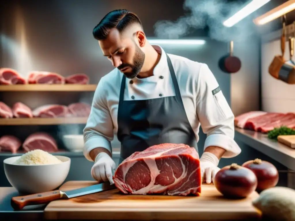 Un hábil carnicero corta con precisión una pieza de carne sin gluten, destacando las técnicas de corte y la concentración en su rostro