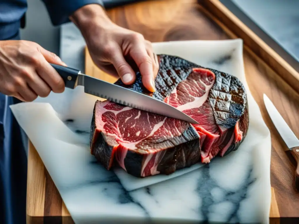 Un hábil carnicero prepara un filete de carne Wagyu, mostrando técnicas de cortes de carne sin gluten