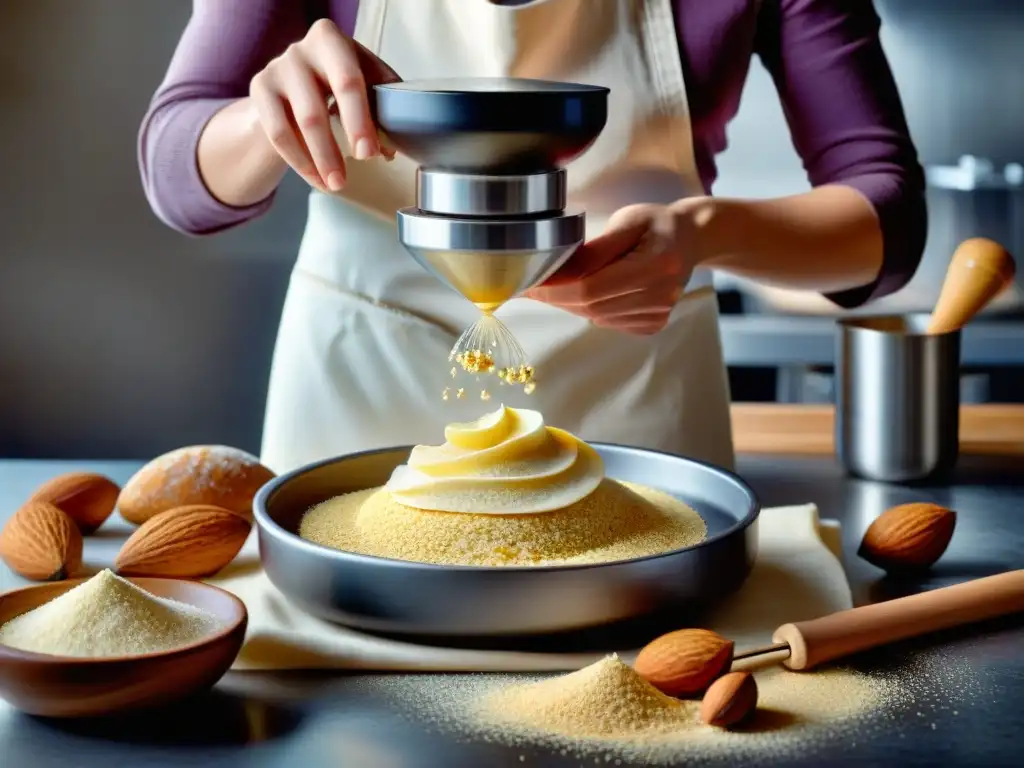 Un hábil panadero equilibrando la humedad en recetas sin gluten con precisión, rodeado de ingredientes y luz natural