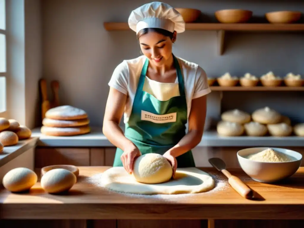 Un hábil panadero amasando masa sin gluten en una cocina acogedora