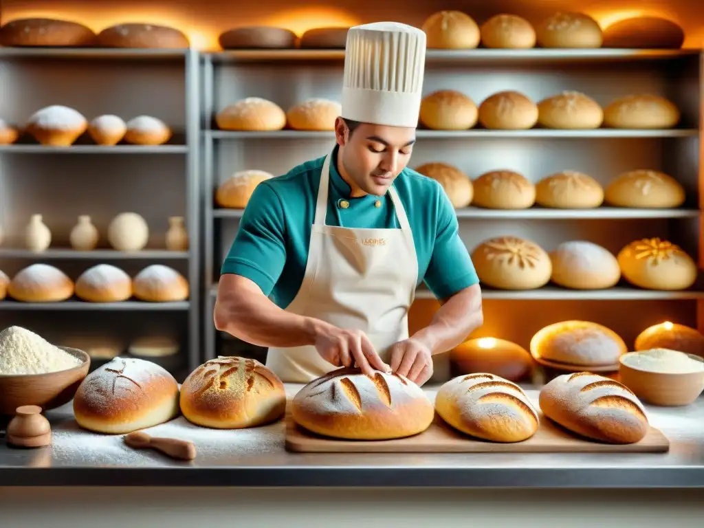 Un hábil panadero moldea pan sin gluten rodeado de harinas innovadoras en una panadería moderna