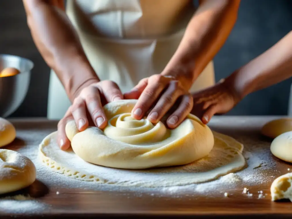 Las hábiles manos de un panadero experto moldeando una masa sin gluten, revelando los secretos de la fermentación en panadería sin gluten