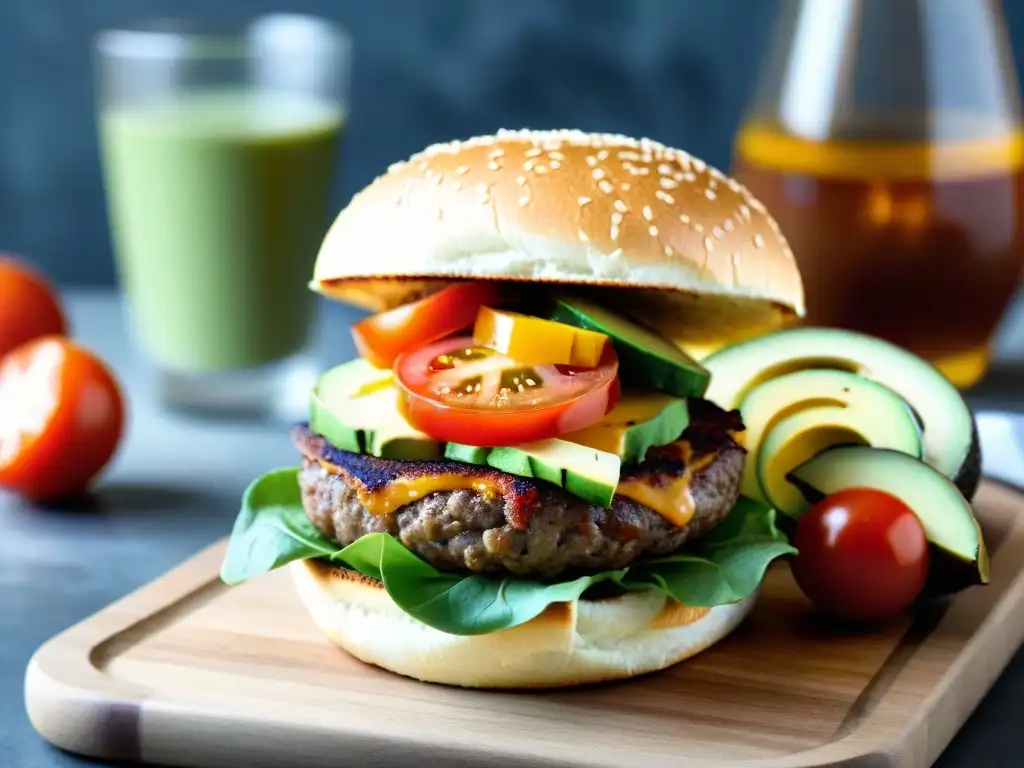 Hamburguesa sin gluten saludable con aguacate, tomate, lechuga, queso sin lácteos, papas fritas y ensalada colorida