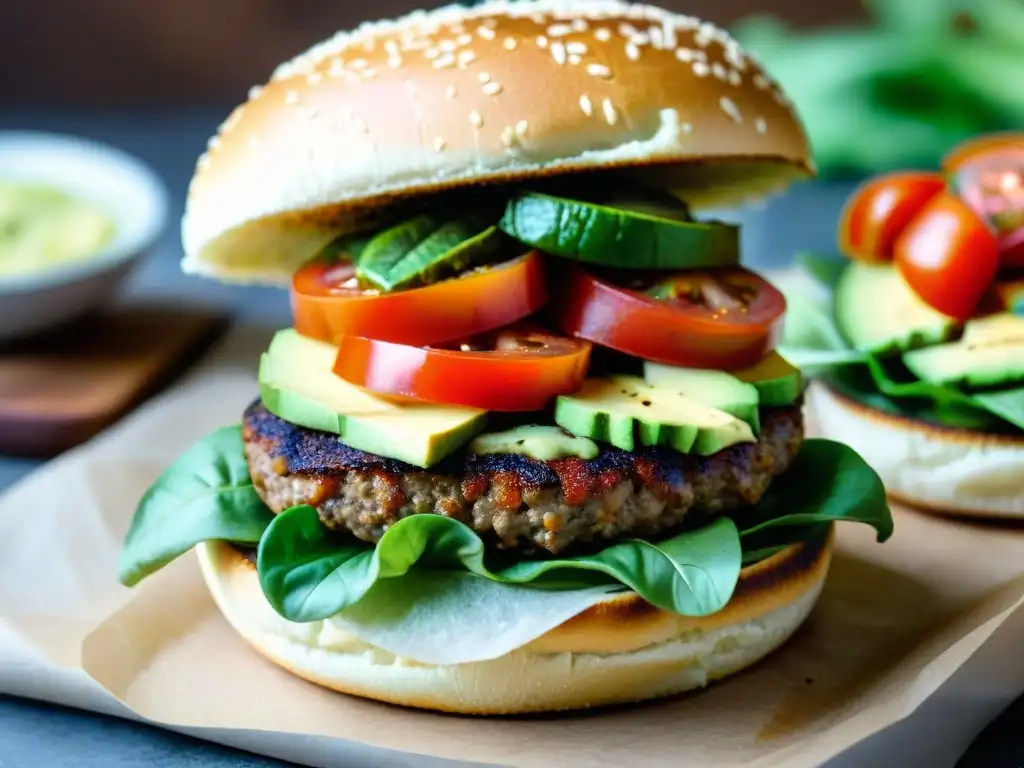 Hamburguesas veganas sin gluten deliciosas: montaje de una apetitosa hamburguesa vegana casera, con ingredientes frescos y coloridos